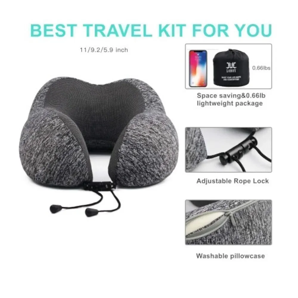 Travel Neck Memory Foam Ergonomic Pillow w/ Storage Bag Comfortable